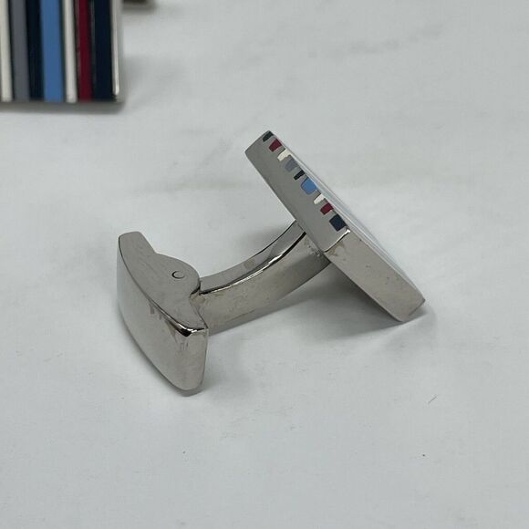 TR Cufflinks Mens Silvertone Stripe Blue Gray Red White Square In-Box - Picture 3 of 8